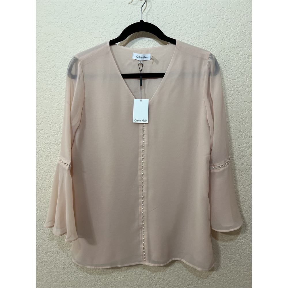 NWT Calvin Klein Top  Sz S Blush Pink Pearl Embellished V Neck Bell Slv Flowy